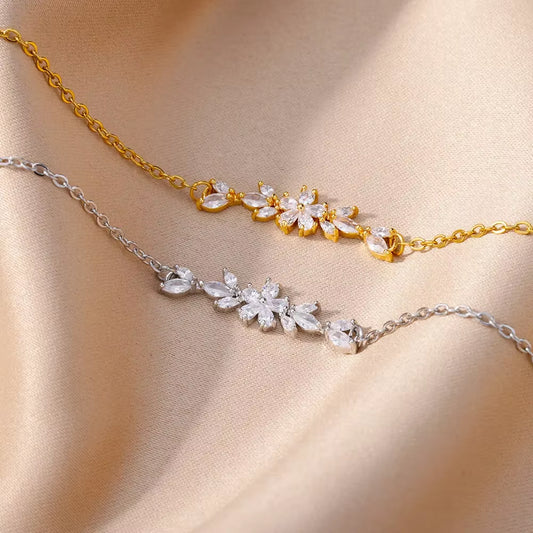 Korean Style White Zircon Flower Bracelet for Women Gold Color Stainless Steel Bracelet Wedding Party Jewelry Gift