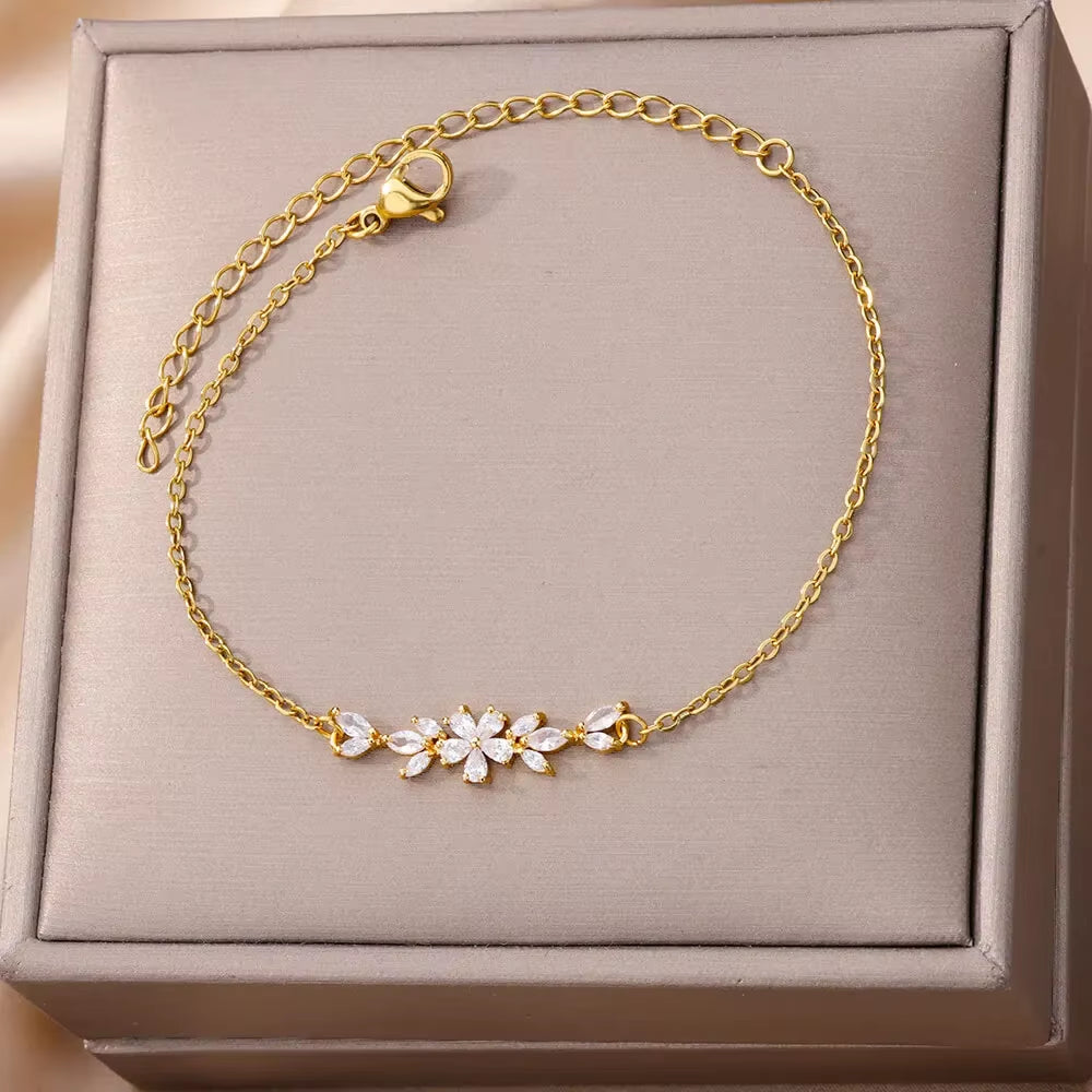 Korean Style White Zircon Flower Bracelet for Women Gold Color Stainless Steel Bracelet Wedding Party Jewelry Gift