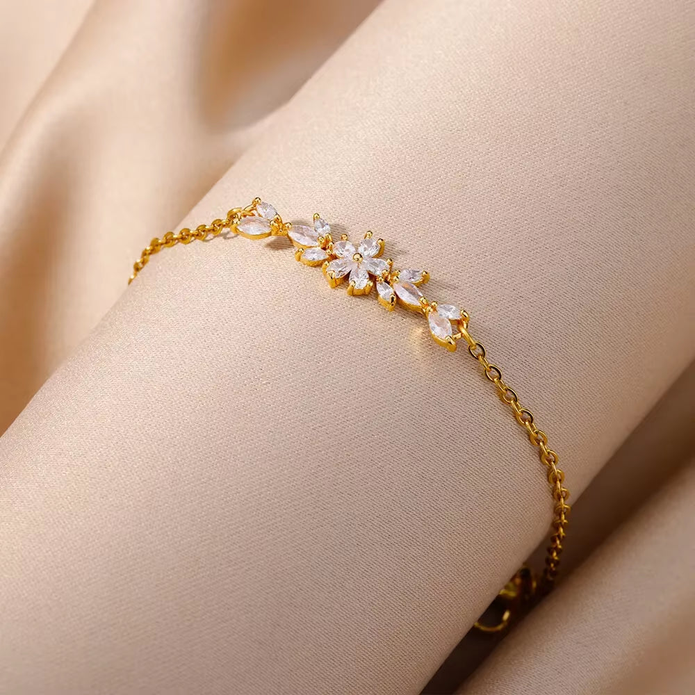 Korean Style White Zircon Flower Bracelet for Women Gold Color Stainless Steel Bracelet Wedding Party Jewelry Gift