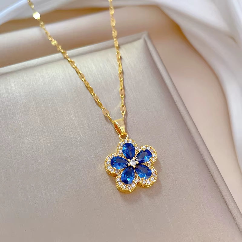 DIEYURO 316L Stainless Steel Lovely Blue Pink Flowers Pendant Necklace Earrings for Women Girl Trendy Jewelry Set Gift Party