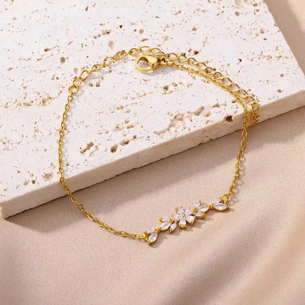 Korean Style White Zircon Flower Bracelet for Women Gold Color Stainless Steel Bracelet Wedding Party Jewelry Gift