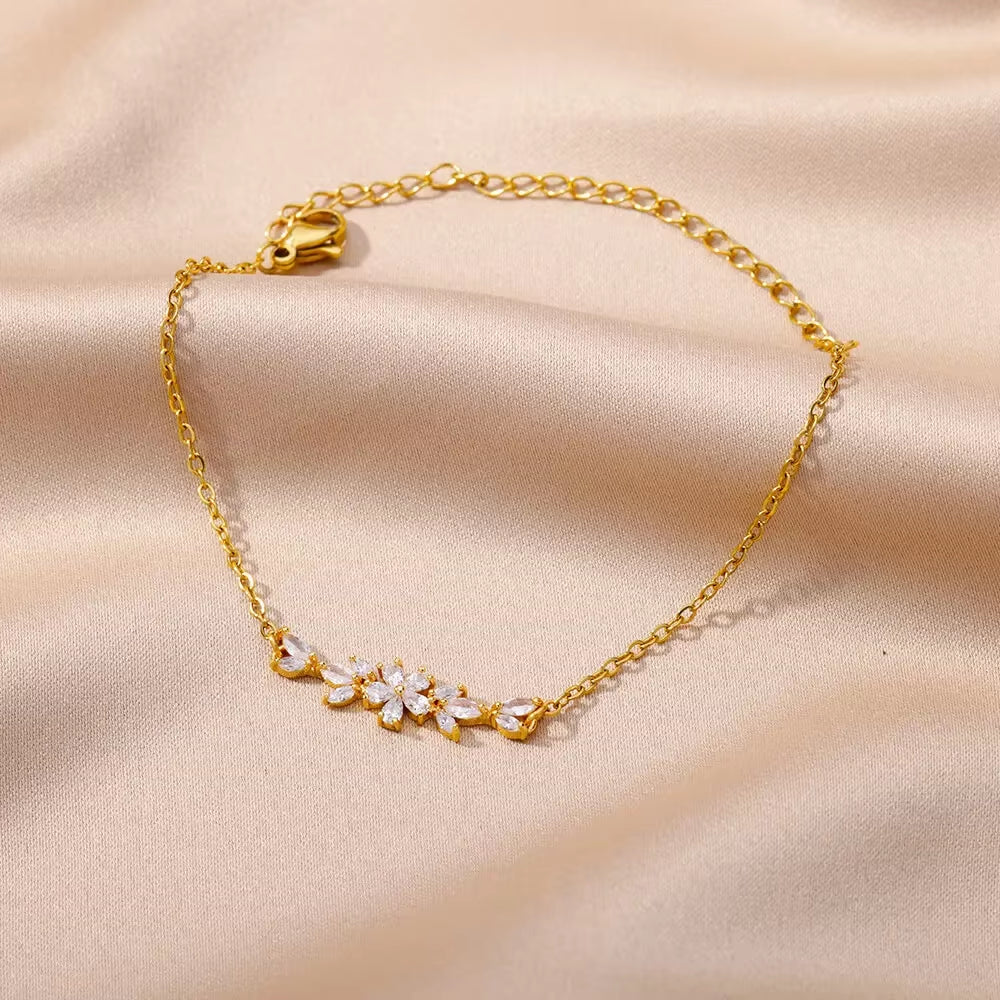 Korean Style White Zircon Flower Bracelet for Women Gold Color Stainless Steel Bracelet Wedding Party Jewelry Gift