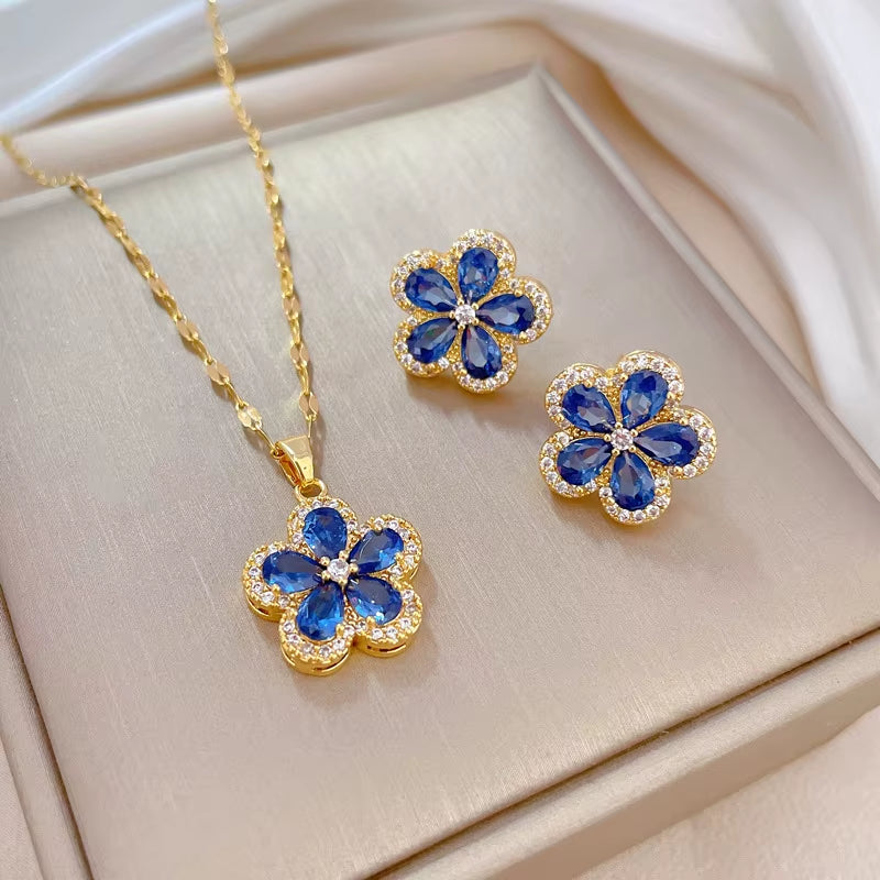 DIEYURO 316L Stainless Steel Lovely Blue Pink Flowers Pendant Necklace Earrings for Women Girl Trendy Jewelry Set Gift Party