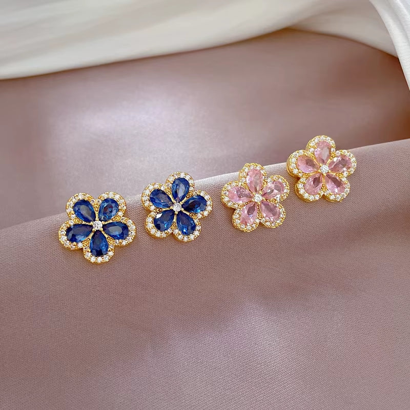 DIEYURO 316L Stainless Steel Lovely Blue Pink Flowers Pendant Necklace Earrings for Women Girl Trendy Jewelry Set Gift Party